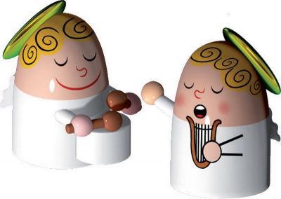 Alessi Angels Band Porzellanfiguren Set: Zwei musizierende Engel mit Harfe und Rhythmusinstrumenten. Dekoratives Einzelstück.